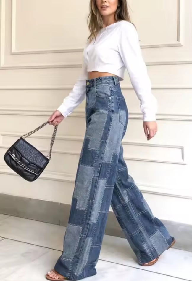 Denim Women's Colorblock Checker Print Streetwear Wide Leg Loose High Waist Trouser Jeans
