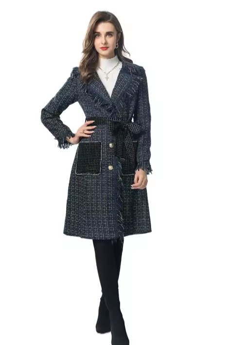 Plaid Wool Tassel Fringe Design Women's Oversized Pocket Single-Breasted Long Sleeve Trenchcoat w/ Belt