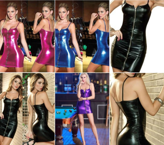 Faux Leather Sleeveless Solid Color Spaghetti Strap Sling Zipper Front Mini Club Dress to 4X Plus Size