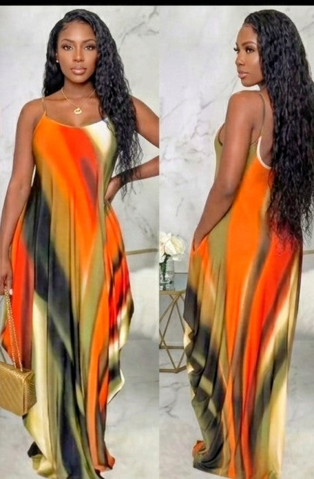 Rainbow Striped Colorblock Ruffled Sleeveless V-Neck Harem Maxi Dress
