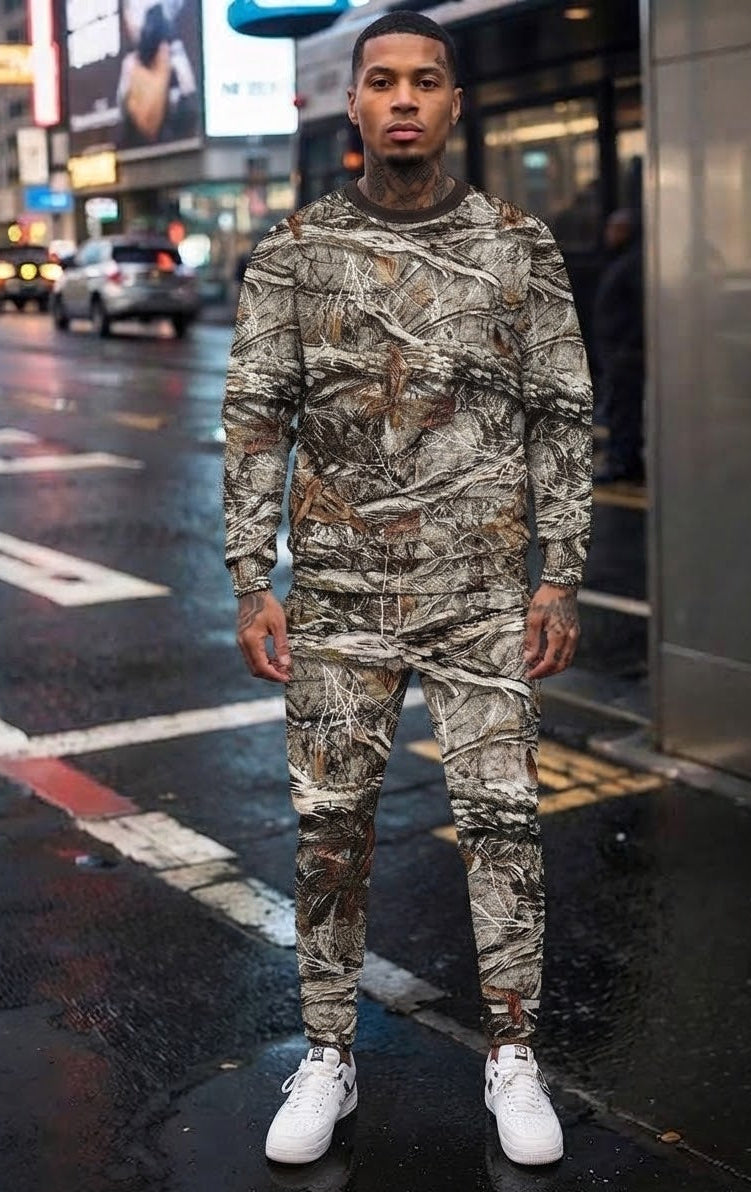 Men's Camo Geometric Fall Leaf Print O-Neck Long Sleeve Sweatshirt + Skinny Jogger Sweatpants Tracksuit to 6X Big & Tall