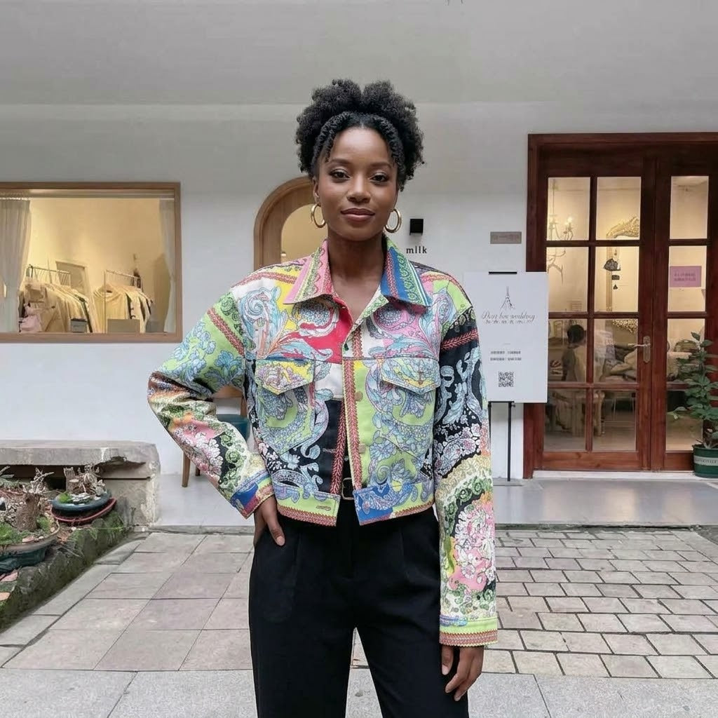 Denim Abstract Floral Baroque Print Women's Long Sleeve Turn-Down Collar Jean Jacket