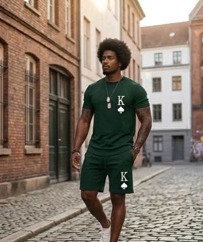 Men's King Of Spades Print Loose Solid Color Casual T-Shirt + Shorts 2-Piece Set to 6X Big & Tall