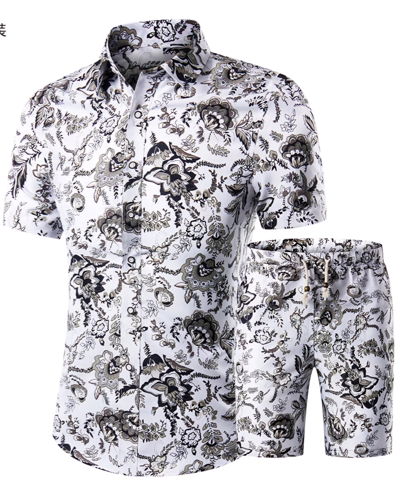 Men's Camouflage/Baroque/Floral/Hawaiian Print Short Sleeve Turn-Down Collar Shirt + Matching Drawstring Shorts 2-Piece Set