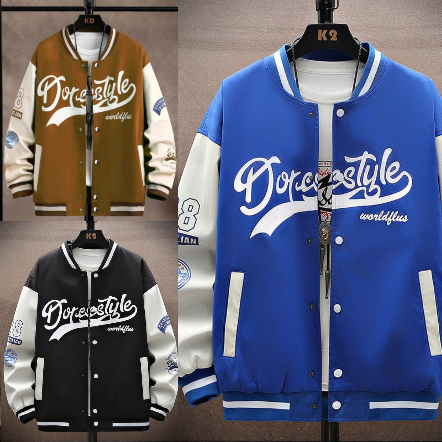 Men's Hip-Hop "Dopestyle" Letter Print Button-Up Varsity Baseball Bomber Jacket