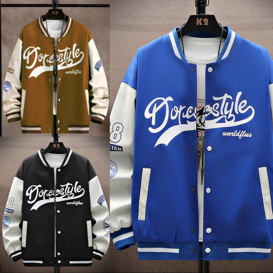 Men's Hip-Hop "Dopestyle" Letter Print Button-Up Varsity Baseball Bomber Jacket
