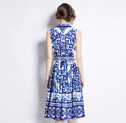 Sleeveless Floral Baroque Print Turn-Down Collar Belted Maxi Dress