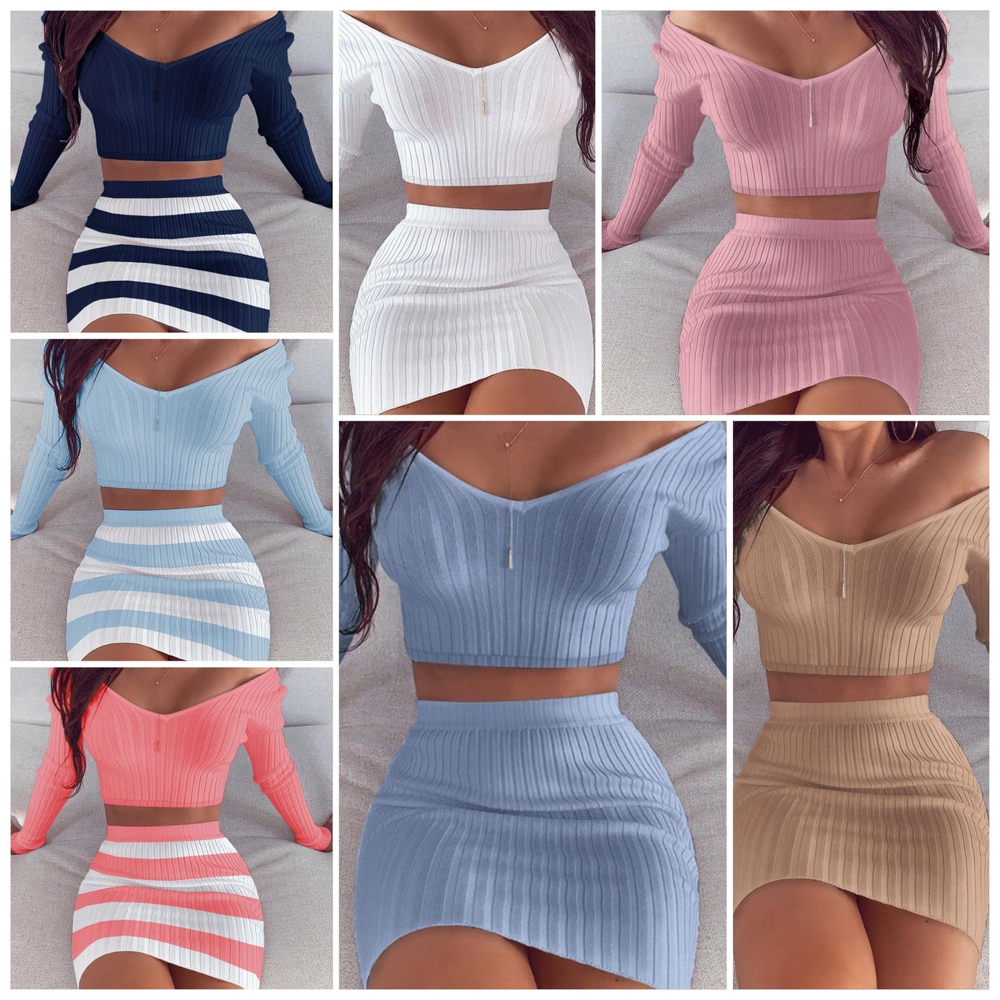 Ribbed Zipper Front  Off-the-Shoulder Women's Long Sleeve Solid Color Crop Sweater + Striped/Solid Mini Skirt Knitted 2-Piece Set