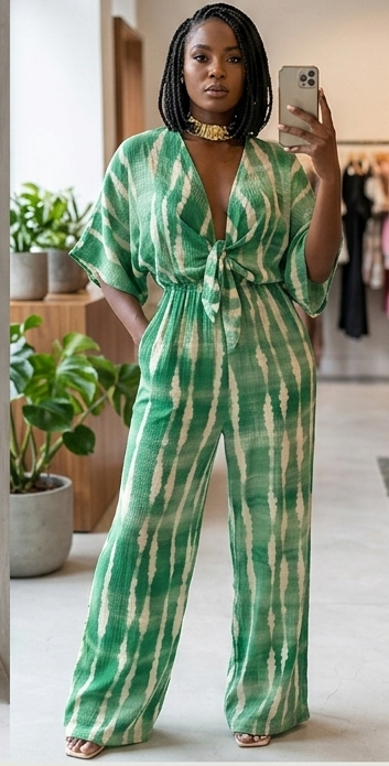 Striped Lace-Up Long Sleeve Deep V-Neck Women's Hollow-Out Wide Leg Jumpsuit to 3X Plus Size