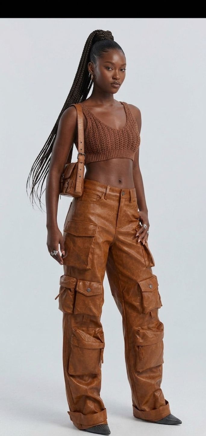 Brown/Light Green PU Leather High Waist Streetwear Hip-Hop Women's Cargo Multi-Pocketed Wide Leg Pants