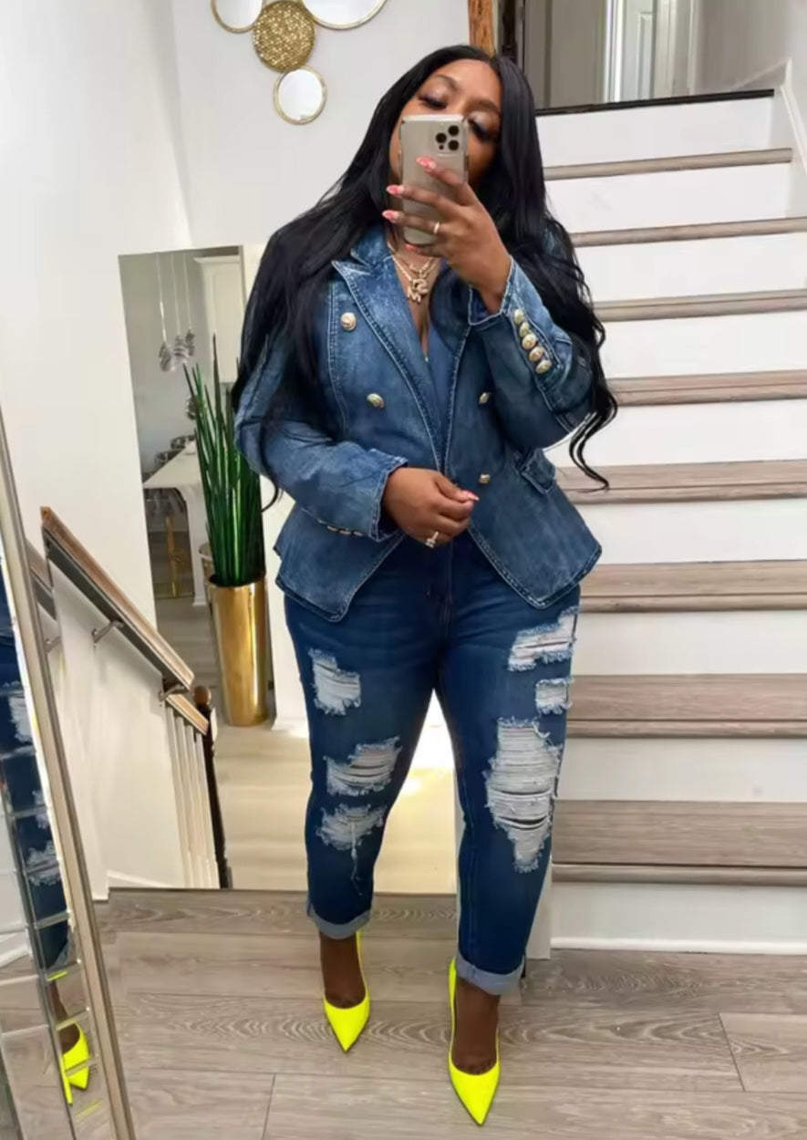 Denim Black/Light Blue/Dark Blue Notched Collar Gold Button Design Long Sleeve Double Breasted Women's Streetwear Jean Blazer Jacket