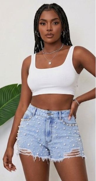 Denim Western Pearl Embellished Ripped Light Blue Women's Mini Jean Shorts