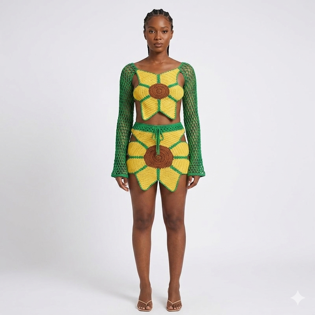 Handmade Women's Crochet Green/Yellow Sunflower Design Swimwear Cover-Up 2-Piece Set: Long Sleeve Hollow-Out Crop Top + Mini Bodycon Skirt