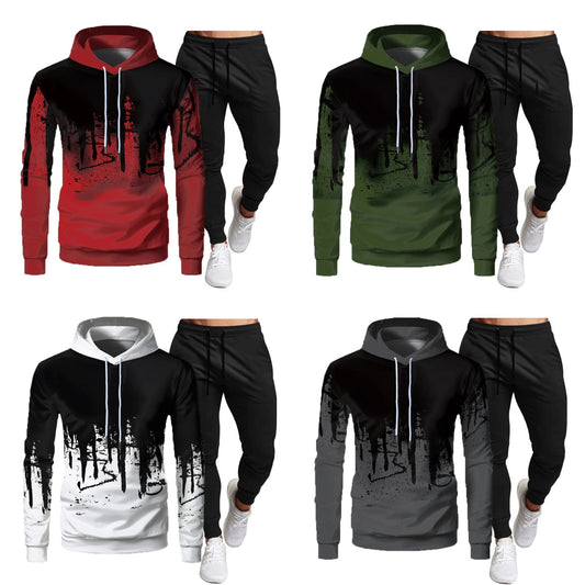 Men's Pullover Inkjet Gradient Print Drawstring Hoodie Sweatshirt + Jogger Sweatpants Tracksuit