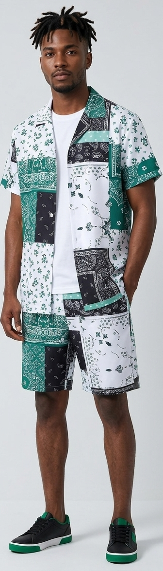 Men's Paisley Colorblock Bandana Print Turn-Down Collar Short Sleeve Shirt + Matching Shorts 2-Piece Set to 6X Big & Tall