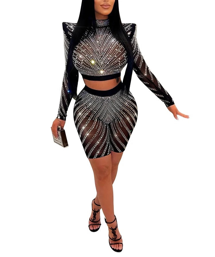 Transparent Mesh Sparkling Diamond Rhinestone Long Sleeve Crop Top + Matching Biker Shorts 2-Piece Set