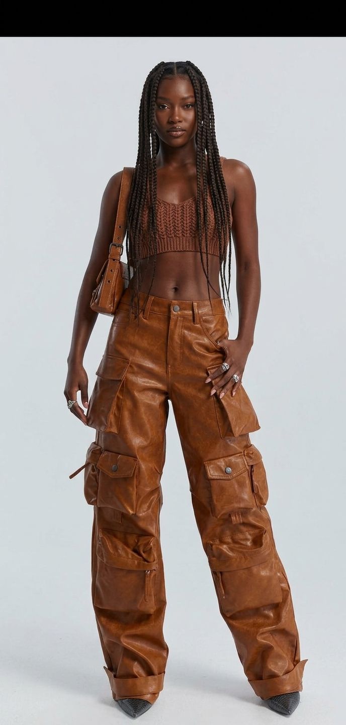 Brown/Light Green PU Leather High Waist Streetwear Hip-Hop Women's Cargo Multi-Pocketed Wide Leg Pants