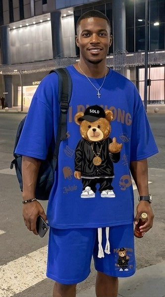 Men's Hip-Hop Teddy Bear Embroidered Short Sleeve T-Shirt+ Drawstring Shorts 2-Piece Set to 5X Big & Tall