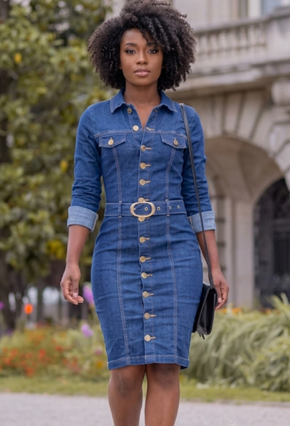 Denim Western Button-Up Single Breasted Long Sleeve Midi Cowgirl  Rodeo Jean Dress to 3X Plus Size