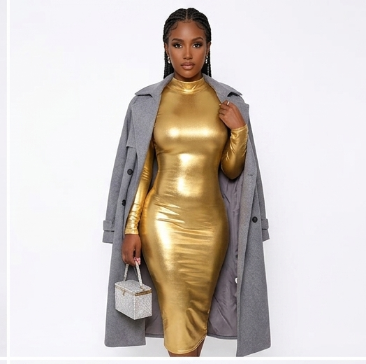 Metallic Faux Leather Turtleneck Gold/Silver Zipper Reflective Glossy Long Sleeve Bodycon Maxi Dress