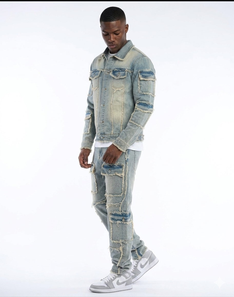 Men's Washed Denim Ripped Faded Light Blue Fringe Hem Multi-Pocketed Hip-Hop Cargo Jeans 2-Piece Set (Jean Jacket + Stacked Jeans)