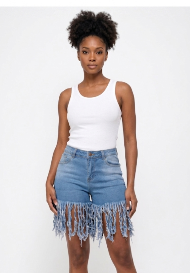 Western Denim Gradient Dark Blue/Light Blue Tassel Fringe Women's Streetwear Hip-Hop Mini Cowgirl Rodeo Jean Shorts