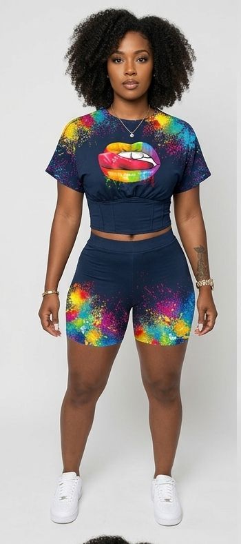 "NOPE Not Today"/Faith/Lip/Striped/Stiletto/Eyelash Print Women’s O-Neck Short Sleeve T-Shirt + Mini Shorts 2-Piece Set