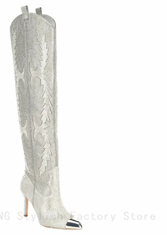 Western Embroidered Rhinestone Embellished Over-the-Knee Pointed Toe Thigh High Boots