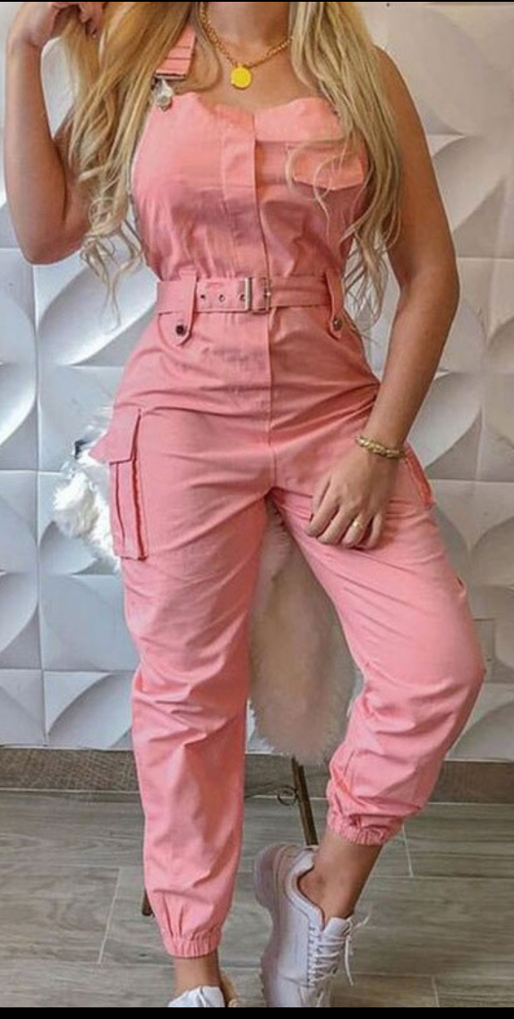 Sleeveless Solid Color Belted Women's Cargo Pocketed Overall Jumpsuit to 3X Plus Size