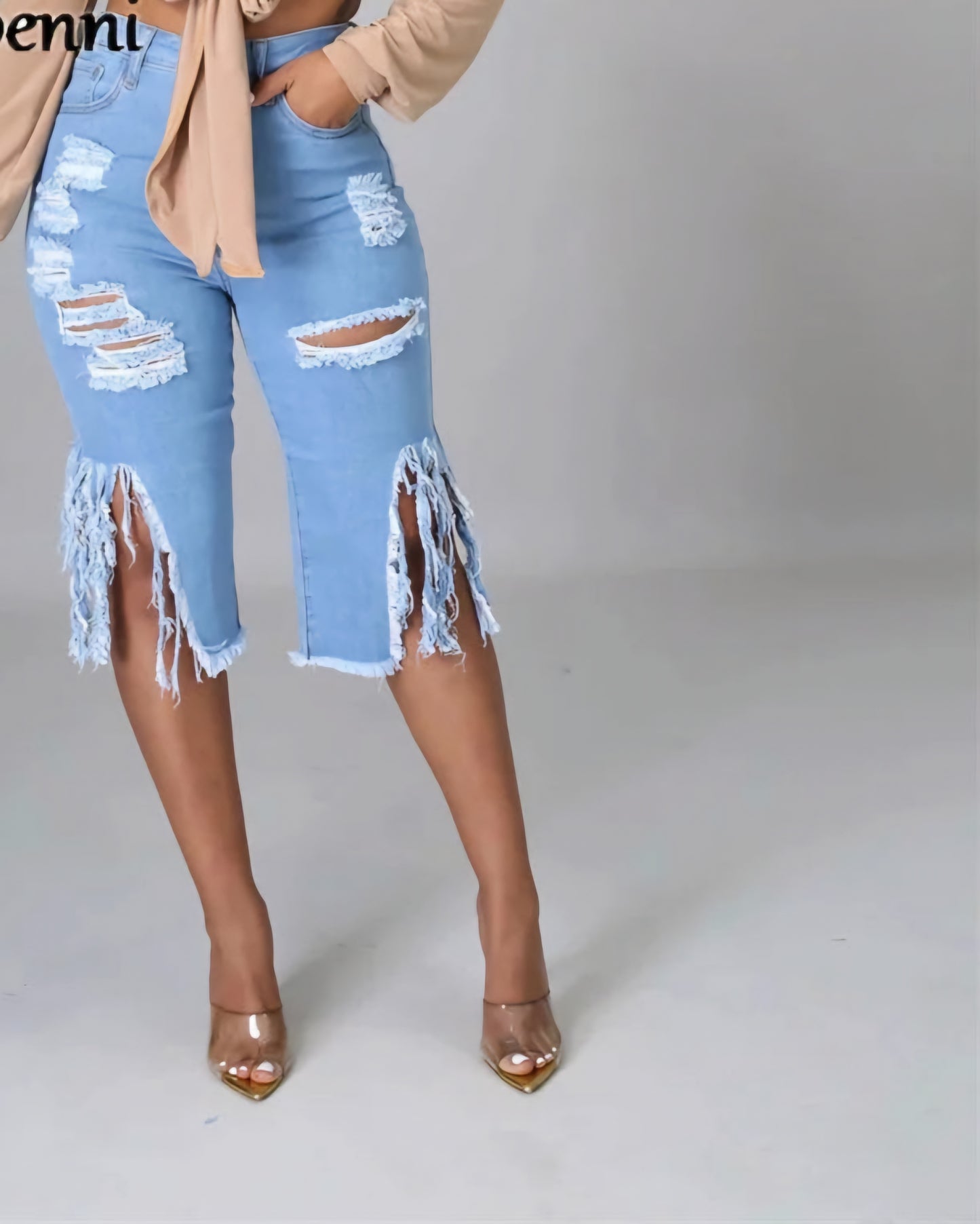 Black/Blue Bermuda Tassel Fringe Ripped Knee-Length Denim Capri Jeans