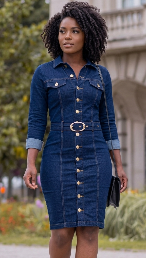 Denim Western Button-Up Single Breasted Long Sleeve Midi Cowgirl  Rodeo Jean Dress to 3X Plus Size