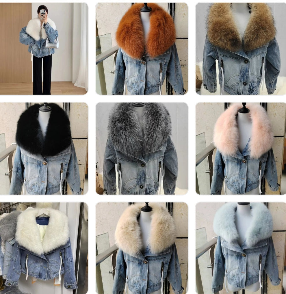 Denim Oversized 100% Real Fox Fur Collar Short Women's Goose Down Puffer Jean Jacket