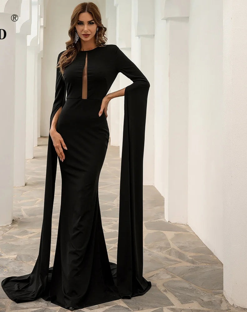 Mermaid Trumpet High Slit Long Sleeve Hollow-Out Bodycon Floor-Length Evening Gown Formal Maxi Dress