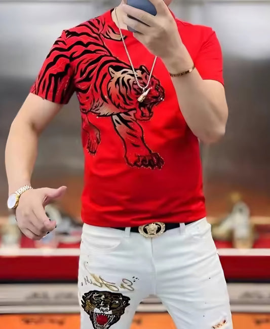 Men's Sequined 3D Tiger Loose Print O-Neck Short Sleeve T-Shirt