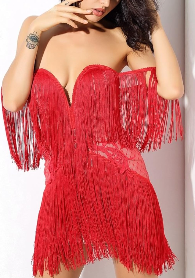 Off-the-Shoulder Tassel Fringe Design Bandage Strapless Zipper Back V-Neck Mini Formal Bodycon Party Dress