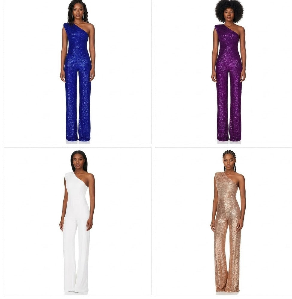 Sequin Sleeveless Sparkling Glitter Asymmetrical One Shoulder Women's Jumpsuit