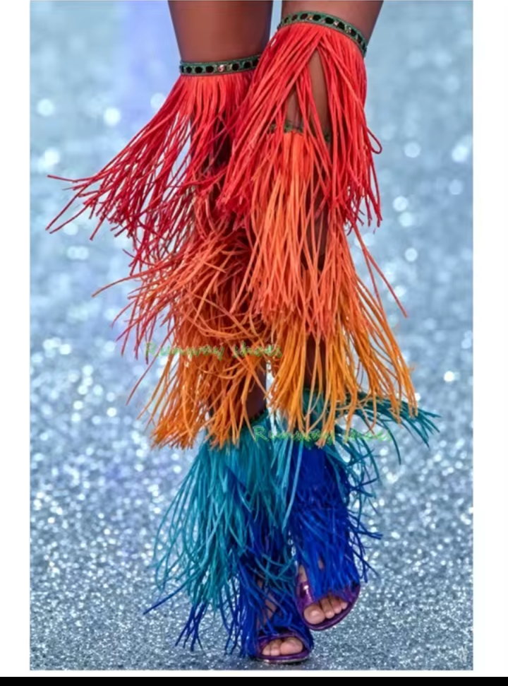 Rainbow Tiered Western Tassel Fringe Over-The-Knee Gladiator Open Toe Stiletto Heel Women's Sandal Boots