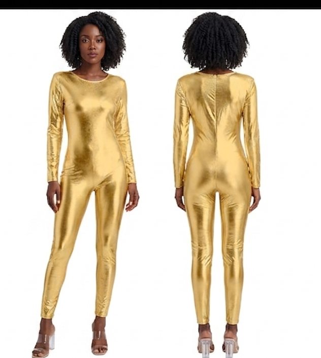 Metallic Shiny Faux Leather Solid Color Women Long Sleeve Dance Bodysuit Clubwear Long Sleeve Jumpsuit to 3X Plus Size