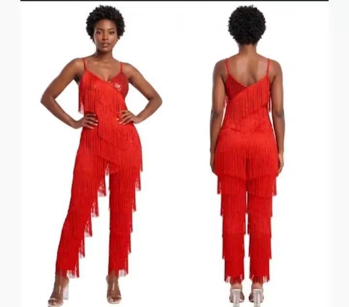 Sequined Tassel Fringe Design Sleeveless V-Neck Women's Formal Dance Jumpsuit