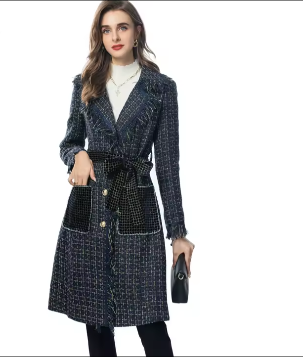 Plaid Wool Tassel Fringe Design Women's Oversized Pocket Single-Breasted Long Sleeve Trenchcoat w/ Belt