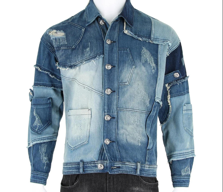 Men's Denim Patchwork Irregular Colorblock Gradient Ripped Fringe Stitch Turn-Down Collar Long Sleeve Multi-Pocketed Cargo Western Jean Jacket