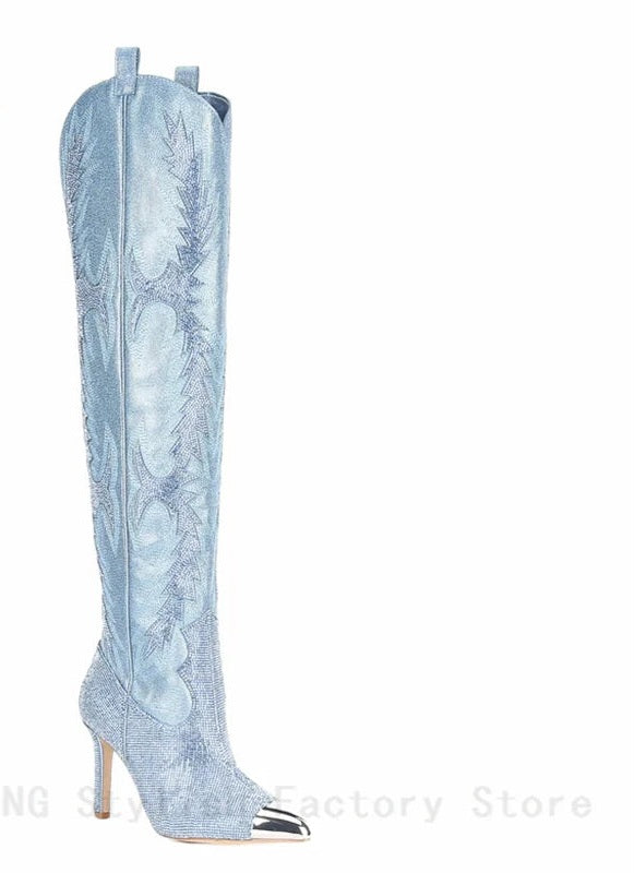 Western Embroidered Rhinestone Embellished Over-the-Knee Pointed Toe Thigh High Boots