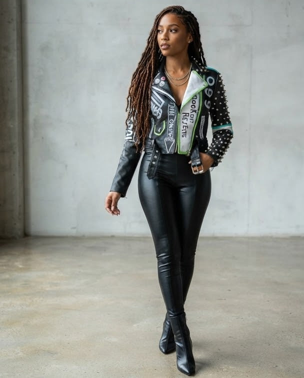 Rivet Stud Clown Print Hip-Hop Design PU Leather Women's Streetwear Biker Jacket to 3X Plus Size