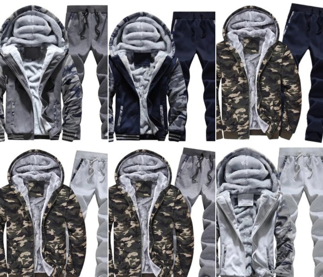 Men's Velvet Lined Camouflage/Colorblock Print Zipper Hoodie Sweat Jacket + Solid Color Skinny Ruched Drawstring Sweatpants Tracksuit