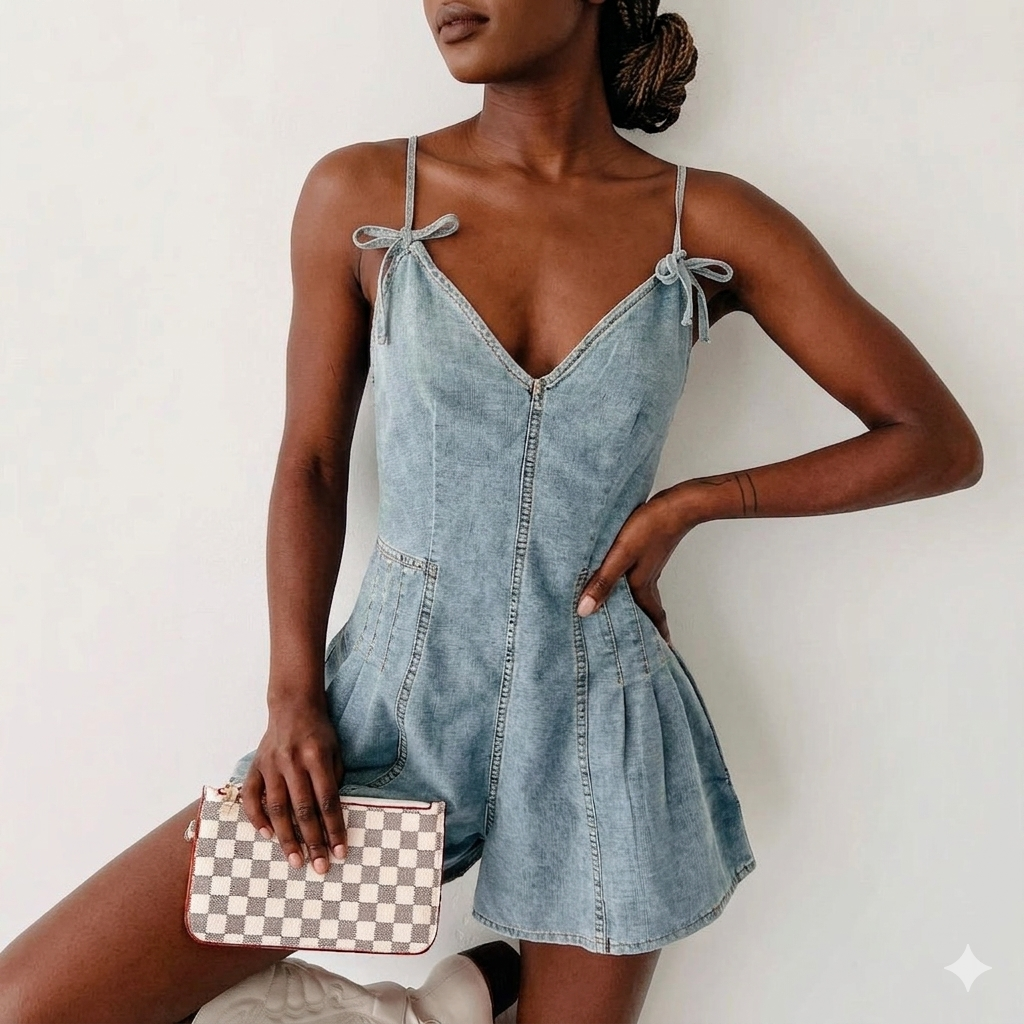 Denim Sleeveless Stonewashed Bowknot Design Spaghetti Strap Women's Ruched Waist Cowgirl Jean Shorts Romper