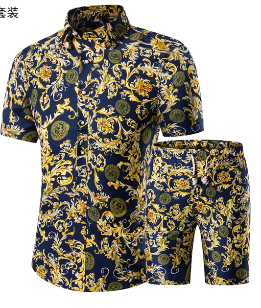 Men's Camouflage/Baroque/Floral/Hawaiian Print Short Sleeve Turn-Down Collar Shirt + Matching Drawstring Shorts 2-Piece Set