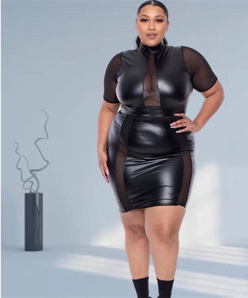 Faux Leather Black Mesh Patchwork Short Sleeve Midi Dress to 5X Plus Size