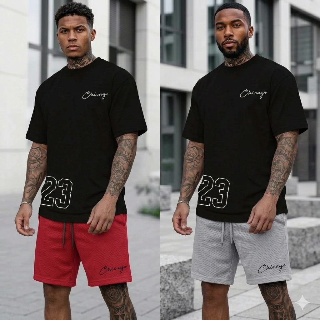 Men's Sportswear "#26 Chicago" Letter Print Short Sleeve T-Shirt+ Drawstring Basketball Shorts Fitness 2-Piece Set