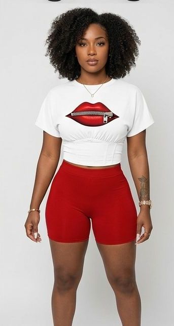 "NOPE Not Today"/Faith/Lip/Striped/Stiletto/Eyelash Print Women’s O-Neck Short Sleeve T-Shirt + Mini Shorts 2-Piece Set