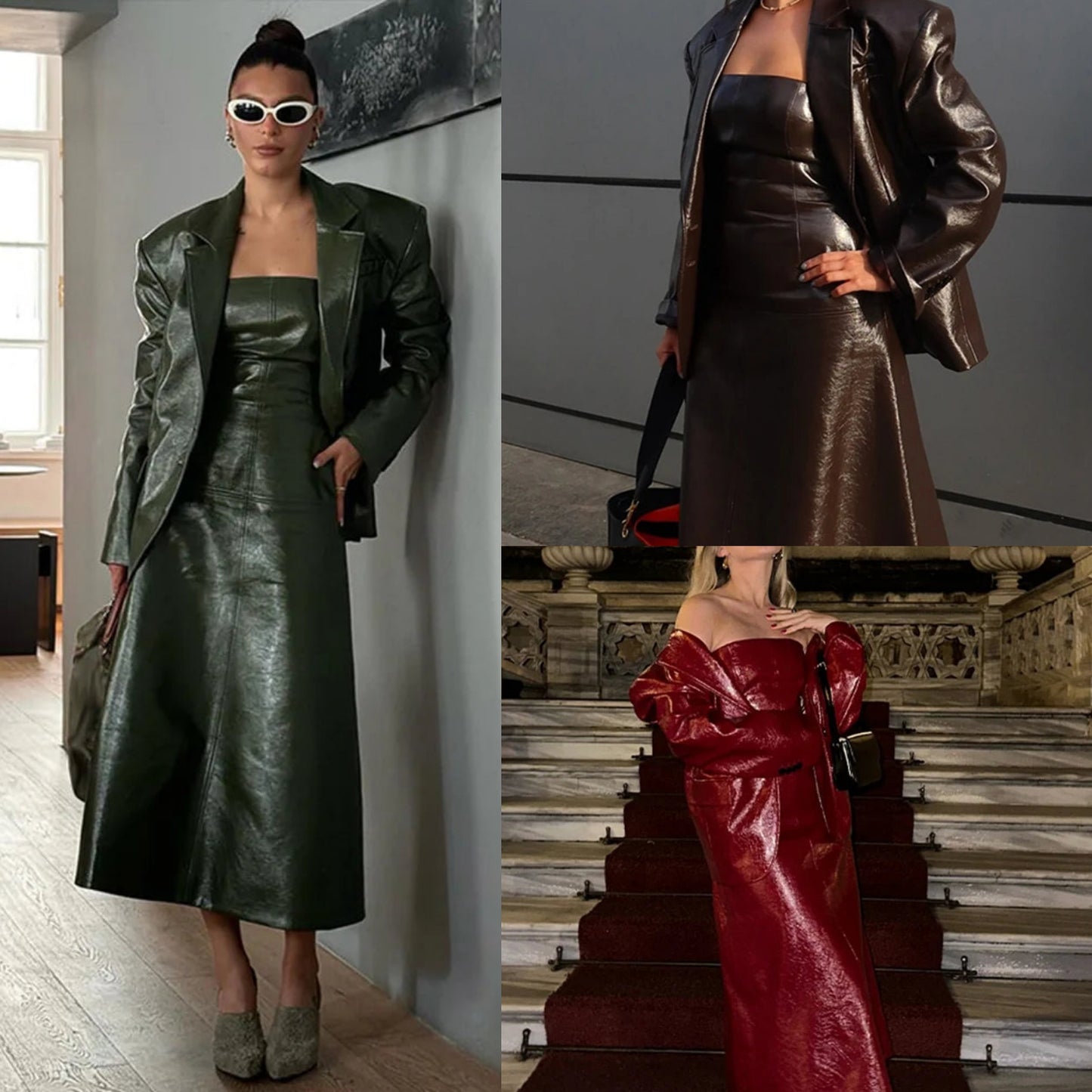 Shiny PU Leather Women's Solid Color Blazer Jacket w/ Flared Sleeveless Tube Maxi Dress 2-Piece Suit